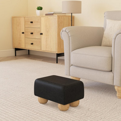 Black Natural Wood Bun Feet Faux Leather Small Footstool Handmade Uk By Footstools Direct - image 1