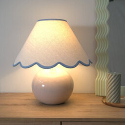 Valuelights Bosco Stone Natural Ceramic Table Lamp With Blue Trim Scallop Shade And Bulb