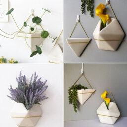 Living And Home White Triangle Ceramic Wall Hanging Planter With Gold Iron Frame Geometric - thumbnail 6