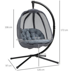 Outsunny Folding Hanging Egg Chair W/ Cushion And Stand For Indoor Outdoor Grey - thumbnail 3