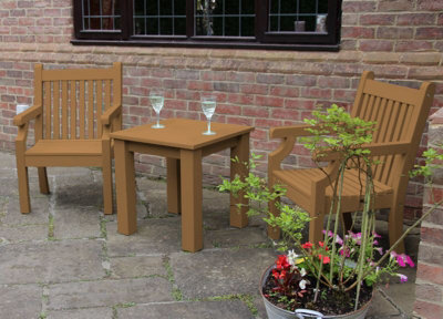 Maintenance Free Synthetic Wood 3 Piece Outdoor Dining Set With 2 Armchairs And Square Table, Teak Finish - image 1