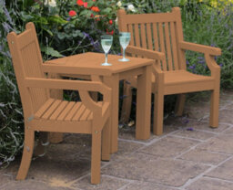 Maintenance Free Synthetic Wood 3 Piece Outdoor Dining Set With 2 Armchairs And Square Table, Teak Finish - thumbnail 2