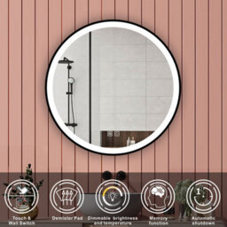 Probaty Bathrooms 800mm Round Led Mirror 3-Color Dimmable With Anti-Fog Touch Sensor Black Framed Backlit Vanity Wall Mirror - thumbnail 2