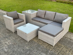 Fimous Light Grey Lounge Outdoor Pe Rattan Garden Furniture Set Wicker Sofa Set Square Coffee Table Armchair Side Tea Table - thumbnail 1