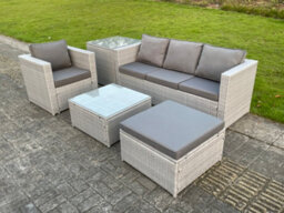 Fimous Light Grey Lounge Outdoor Pe Rattan Garden Furniture Set Wicker Sofa Set Square Coffee Table Armchair Side Tea Table - thumbnail 2