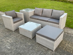 Fimous Light Grey Lounge Outdoor Pe Rattan Garden Furniture Set Wicker Sofa Set Square Coffee Table Armchair Side Tea Table - thumbnail 3