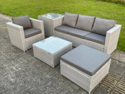 Fimous Light Grey Lounge Outdoor Pe Rattan Garden Furniture Set Wicker Sofa Set Square Coffee Table Armchair Side Tea Table - thumbnail 4