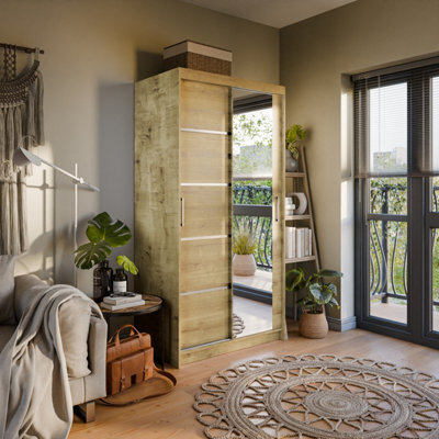 Arte Verona 02 Contemporary 2 Mirrored Sliding Door Wardrobe 5 Shelves 2 Rails Oak Artisan Effect (H)2000mm (W)1000mm (D)620mm - image 1