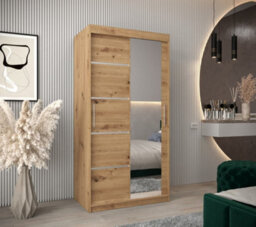 Arte Verona 02 Contemporary 2 Mirrored Sliding Door Wardrobe 5 Shelves 2 Rails Oak Artisan Effect (H)2000mm (W)1000mm (D)620mm - thumbnail 2