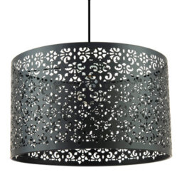 Happy Homewares Moroccan Designed Large Black Metal Pendant Shade With Floral Decor - thumbnail 1