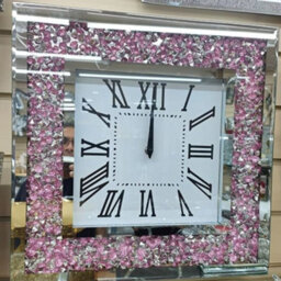 Biznest 40X40Cm Pink Silver Crystal Crushed Diamond Mirror Jewel Roman Wall Clock Loose Diamante Wall Mount