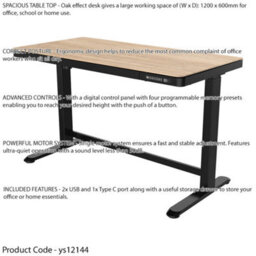 Loops Ergonomic Electric Sit-Stand Desk With Usb Ports And Storage Drawer - 1200 X 600mm Black And Oak Finish - thumbnail 2
