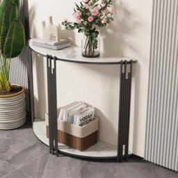 White Sintered Stone Console Table Practical Side End Table Strong Metal Poles - thumbnail 3