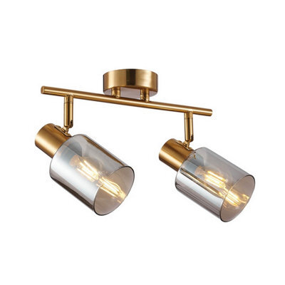 Luminosa Lighting Luminosa Santia Twin Ceiling Spotlight Brass Grey Glass Shade 2Xe14