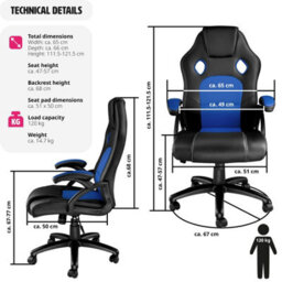 Tectake Gaming Chair Tyson - Ergonomic Shape, Thick Padding - Black/blue - thumbnail 6