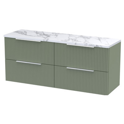 Balterley Tixall Fluted 4 Drawer Wall Hung Vanity Unit With Laminate Worktop, Satin Green, 1215mm - image 1
