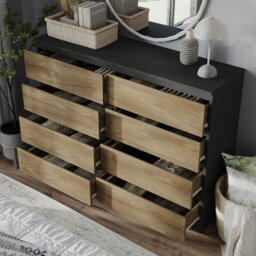 Urbn-Living Urbnliving 120Cm Wide Black Wooden Chest Of Oak 8 Drawers Bedroom Furniture Storage Bedside Modern Cabinet - thumbnail 4