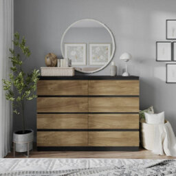 Urbn-Living Urbnliving 120Cm Wide Black Wooden Chest Of Oak 8 Drawers Bedroom Furniture Storage Bedside Modern Cabinet - thumbnail 3