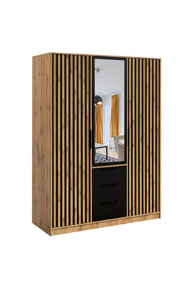 Arte Bali Lux 3-Door Wardrobe - Oak Wotan & Black Matt With Mirror And Lamellas - image 1