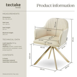 Tectake Set Of 2 Lounge Armchair Living Room Accent Chair 360 Swivel Slim Steel Legs Velvet Fabric   - Cream/gold - thumbnail 6