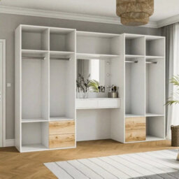 Arte Spacious White & Natural Oak 6-Door Wardrobe With Built-In Dressing Table - Organised, Modern Living 300Cm - thumbnail 5