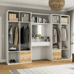 Arte Spacious White & Natural Oak 6-Door Wardrobe With Built-In Dressing Table - Organised, Modern Living 300Cm - thumbnail 4