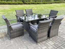 Fimous Rattan Garden Furniture Dining Set Table And Chair Sets Pe Wicker Patio Outdoor 6 Chairs Black Tempered Glass Table - thumbnail 3