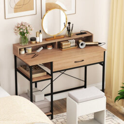 Costway Computer Desk With Power Outlets Home Office Desk With Top Shelf-Natural - thumbnail 8