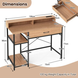 Costway Computer Desk With Power Outlets Home Office Desk With Top Shelf-Natural - thumbnail 2
