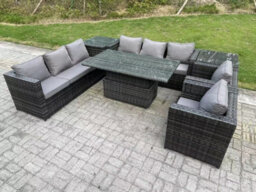 Fimous Wicker Pe Garden Furniture Rattan Sofa Set Patio Adjustable Rising Lifting Dining Table Set With 2 Armchairs - thumbnail 2
