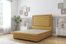 "Sloomy Ashford Mustard Plush Divan Bed Base 4 Drawers-54"" Floor Standing Headboard  12"" Footboard 5' King" - thumbnail 1