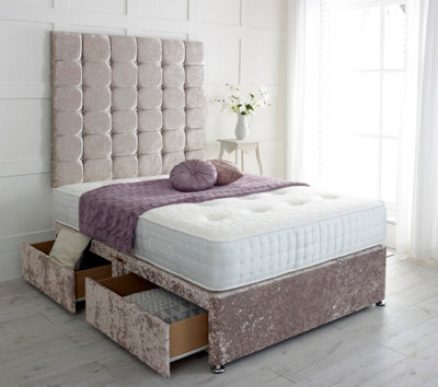 "Adore Designs Cubed Crushed Velvet Divan Bed, With Pocket Mattress & 36"" Headboard - 5Ft Kingsize - Champagne - 2 Drawers Foot End"