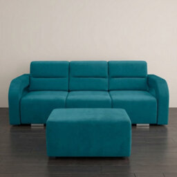 Aliss Sofa Bed With Pouffe Foam Filling Wave Springs Plastic Legs Wood Frame Loose Cushions 235X110X95 Turquoise - thumbnail 1