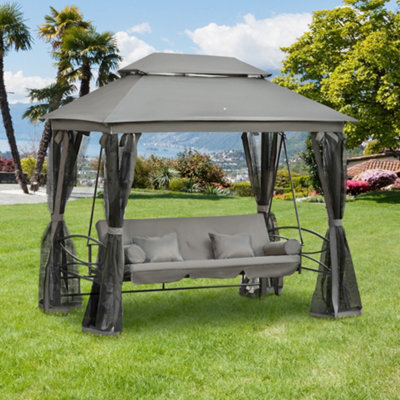 Outsunny 3 Person Canopy Gazebo Swing Outdoor Patio Lounge W/ Mesh Walls, Grey - image 1