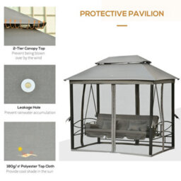 Outsunny 3 Person Canopy Gazebo Swing Outdoor Patio Lounge W/ Mesh Walls, Grey - thumbnail 5