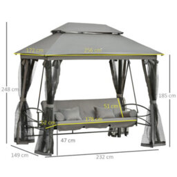 Outsunny 3 Person Canopy Gazebo Swing Outdoor Patio Lounge W/ Mesh Walls, Grey - thumbnail 3