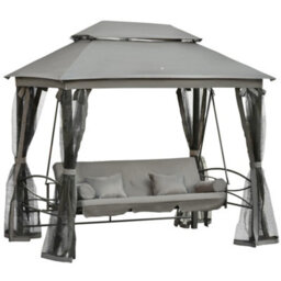 Outsunny 3 Person Canopy Gazebo Swing Outdoor Patio Lounge W/ Mesh Walls, Grey - thumbnail 2