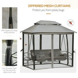 Outsunny 3 Person Canopy Gazebo Swing Outdoor Patio Lounge W/ Mesh Walls, Grey - thumbnail 6