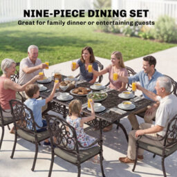 Outsunny 9 Piece Cast Aluminium Garden Dining Set With Cushions, Bronze Tone - thumbnail 4