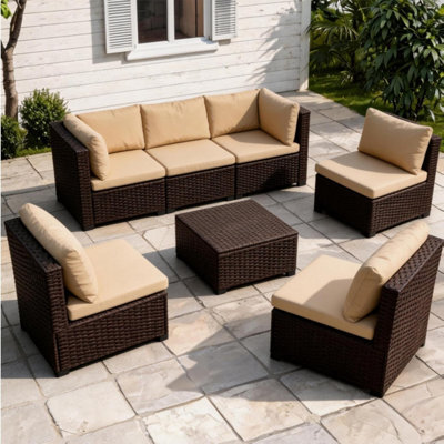7 Piece Rattan Garden Furniture Set, 6 Seater Corner Sofa With Coffee Table - Brown - image 1