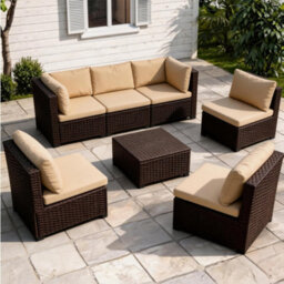 7 Piece Rattan Garden Furniture Set, 6 Seater Corner Sofa With Coffee Table - Brown - thumbnail 1
