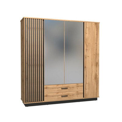 Arte Oak Wotan & Black Matt Lamelo 18 Hinged Wardrobe H205Cm W197Cm D52Cm - Spacious Modern Storage Solution - image 1