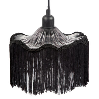 Happy Homewares Striking Black Fringed Smoked Glass Pendant Shade With Long Tassels - image 1