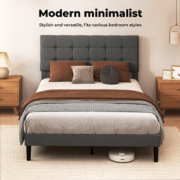 Levede Bed Frame Upholstered Linen Headboard Tufted Wooden Slat Double Grey - thumbnail 8