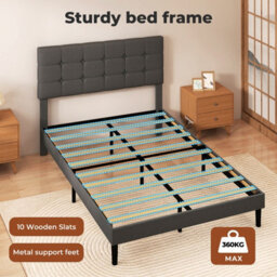 Levede Bed Frame Upholstered Linen Headboard Tufted Wooden Slat Double Grey - thumbnail 6