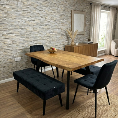 Doubs Dining Table Set 120Cm Natural Wood Dining Set With 2 Black Velvet Chairs And 2 Benches - image 1