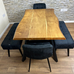 Doubs Dining Table Set 120Cm Natural Wood Dining Set With 2 Black Velvet Chairs And 2 Benches - thumbnail 2