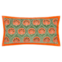 Paoletti Casa Embroidered Cotton Velvet Polyester Filled Cushion, Peridot/orange, 30 X 60Cm - thumbnail 1