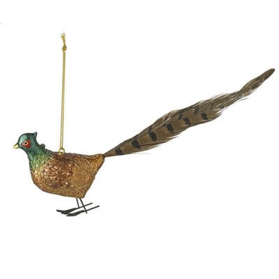 Heaven Sends Christmas Pheasant With Feather Hanging Tree Decoration In Gold And Bronze, 9 X 10 Cm