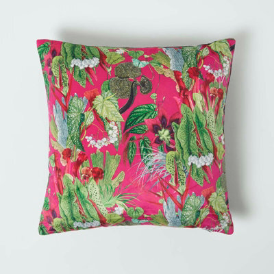 Homescapes Hot Pink Tropical Leaf Velvet Cushion 46 X 46 Cm - image 1